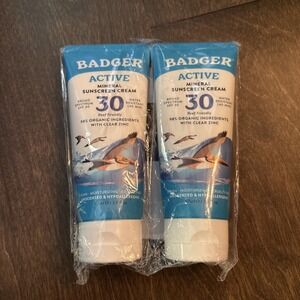 Badger Mineral Sunscreen Cream Active SPF 30 Zinc Oxide Sun Care Organic 2 PACK